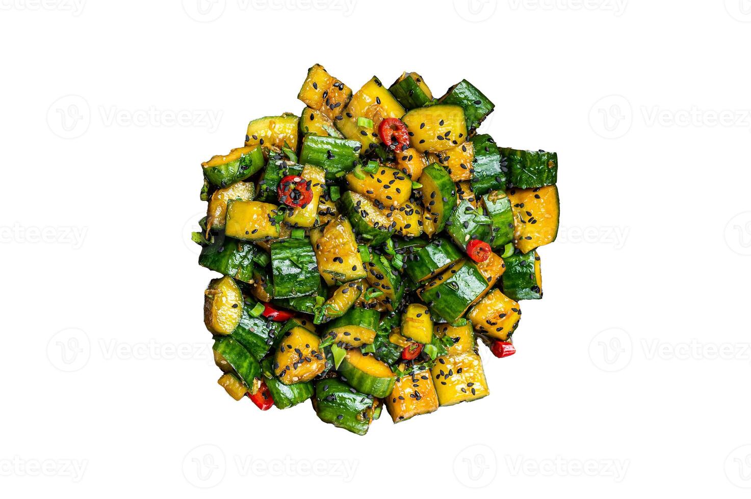 Chinese Chilled Pai Huang Gua Smashed Cucumber Salad with garlic, ginger, sesame oil, soy sauce. Isolated, white background. photo