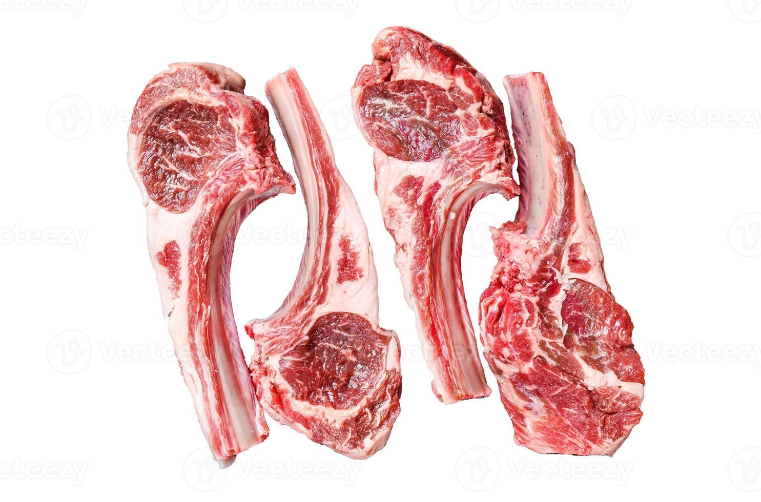 Lamb chops raw meat on bone with salt, pepper and herbs. Isolated on white background, top view. photo