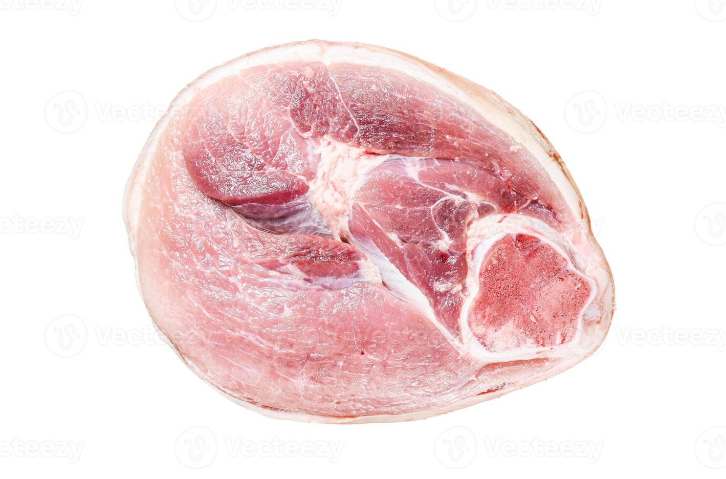 Slice of raw pork knuckle, leg. Farm fresh meat. Isolated on white background. Top view. photo