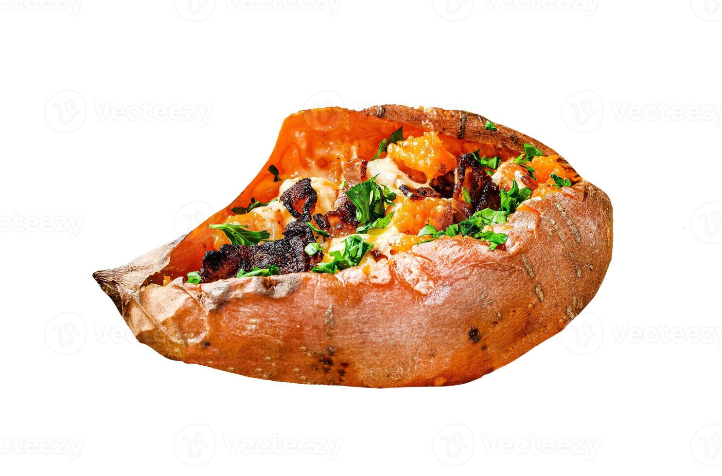Baked yam, stuffed with cheese and bacon. Organic sweet potato. Isolated on white background. Top view. photo