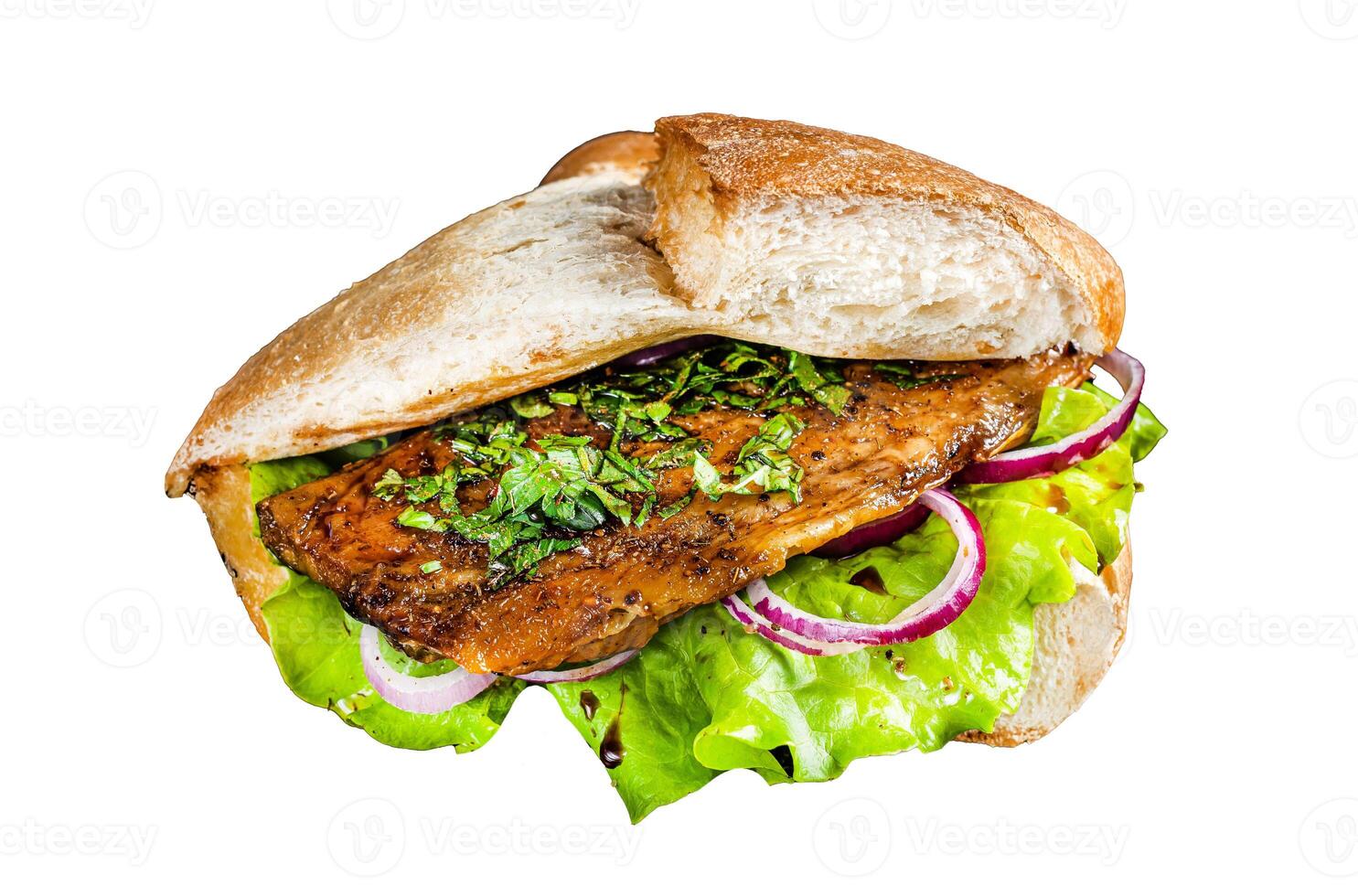Turkish fish sandwich with grilled mackerel fillet Balik Ekmek. Isolated, white background. photo