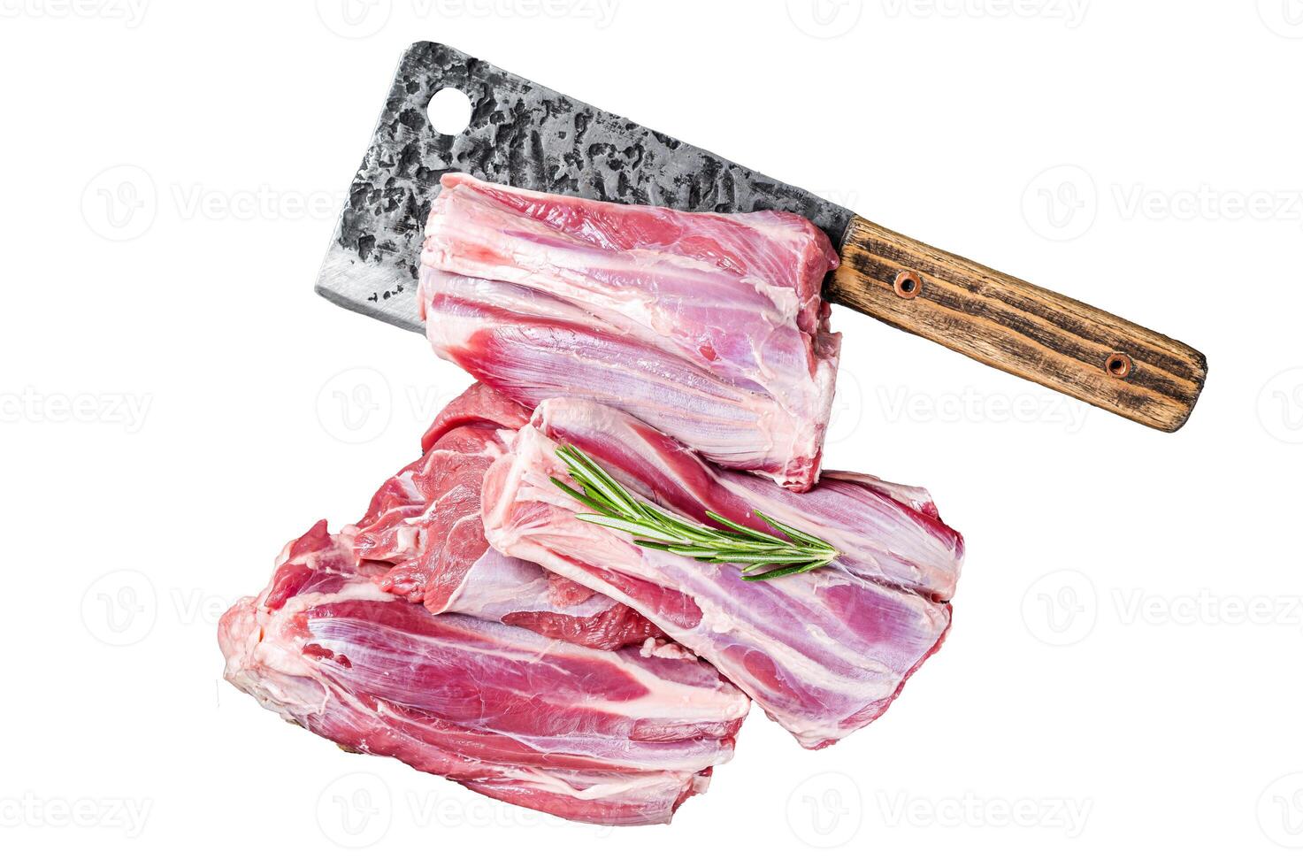 Uncooked Raw lamb mutton shanks on a butcher board. Isolated, white background. photo