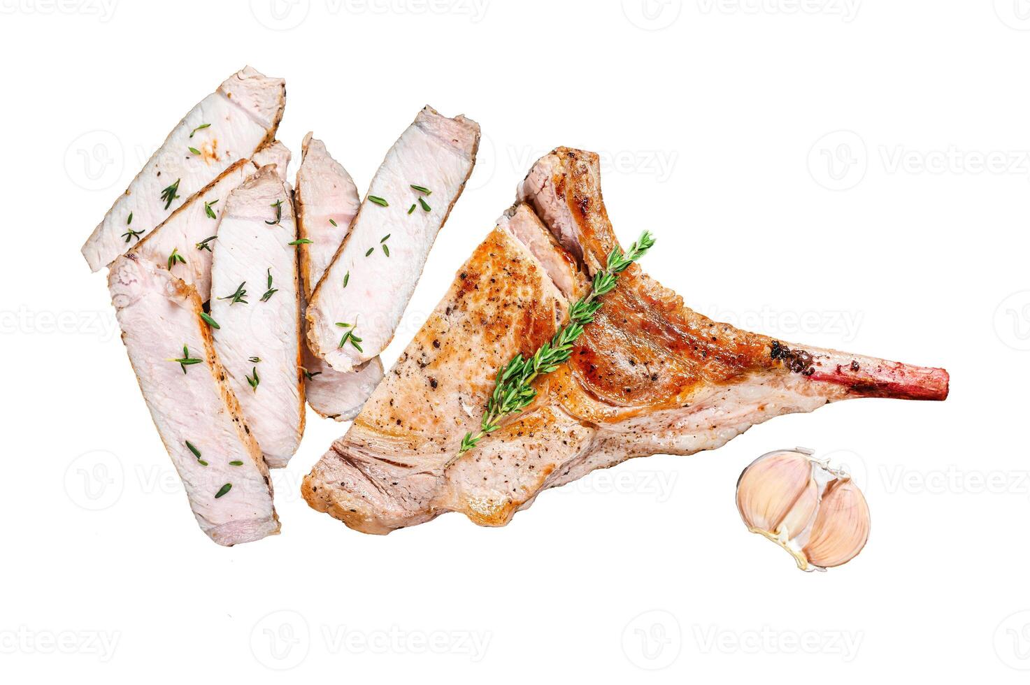 Sliced bbq rib pork chop meat steak. Isolated on white background, Top view. photo