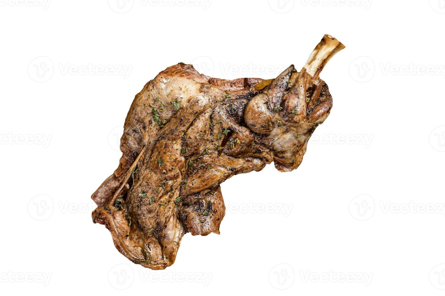 Barbecue Roasted lamb mutton shoulder meat with herbs and spices. Isolated on white background photo