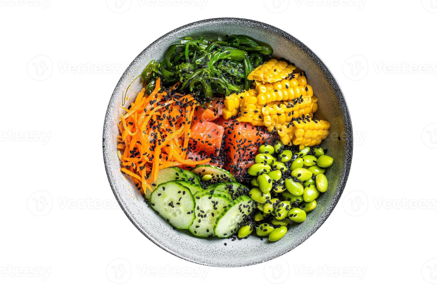 Poke bowl with fresh Salmon fish, rice, seaweed, edamame, cucumber and black sesame. Isolated on white background. photo