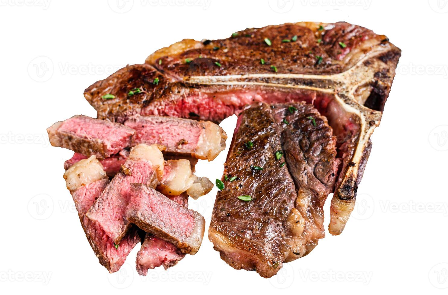 Sliced Grilled T-bone beef meat Steak Isolated on white background, top view. photo