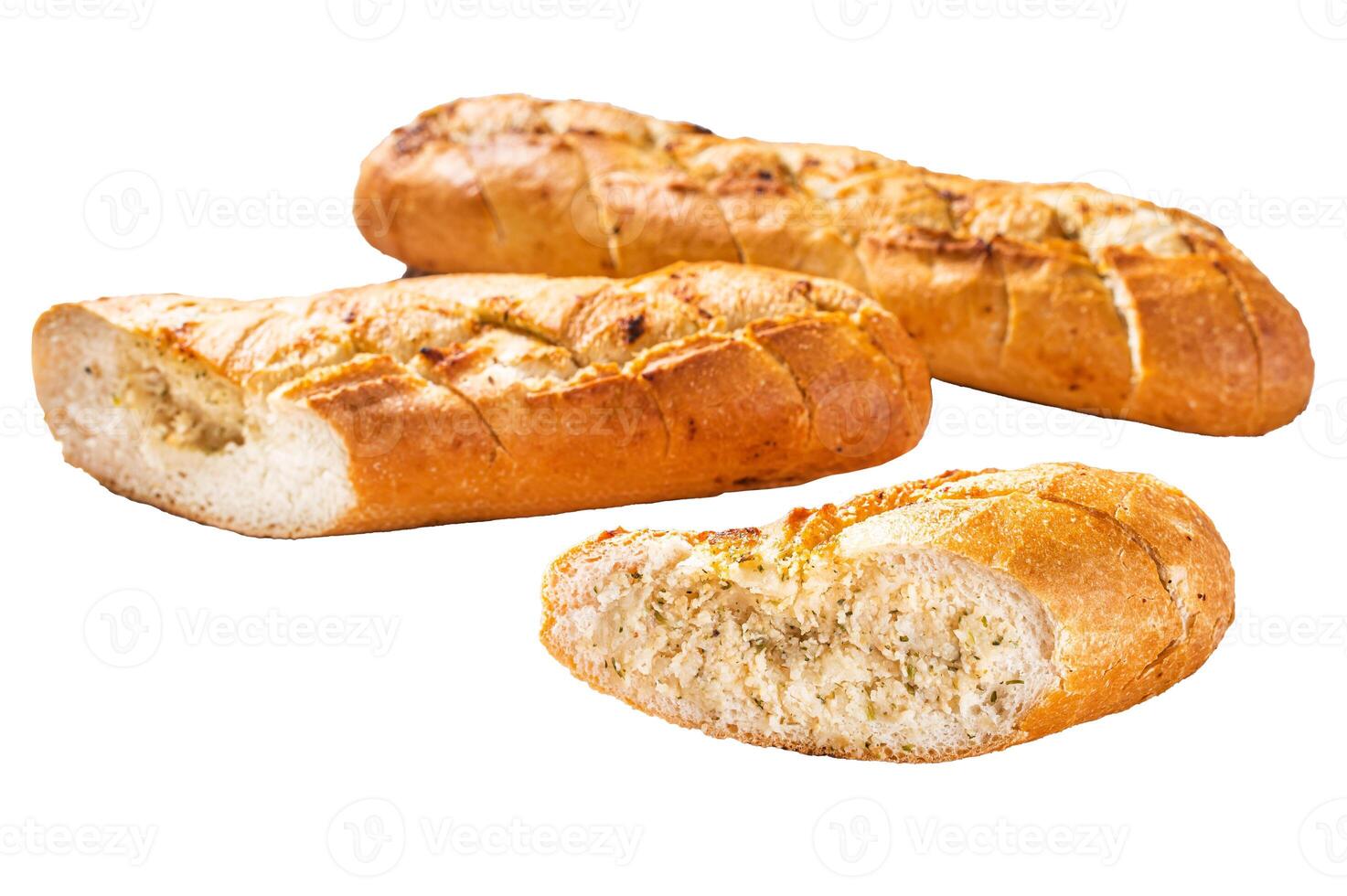 Garlic butter bread, baked baguette with herbs. Isolated on white background, top view. photo