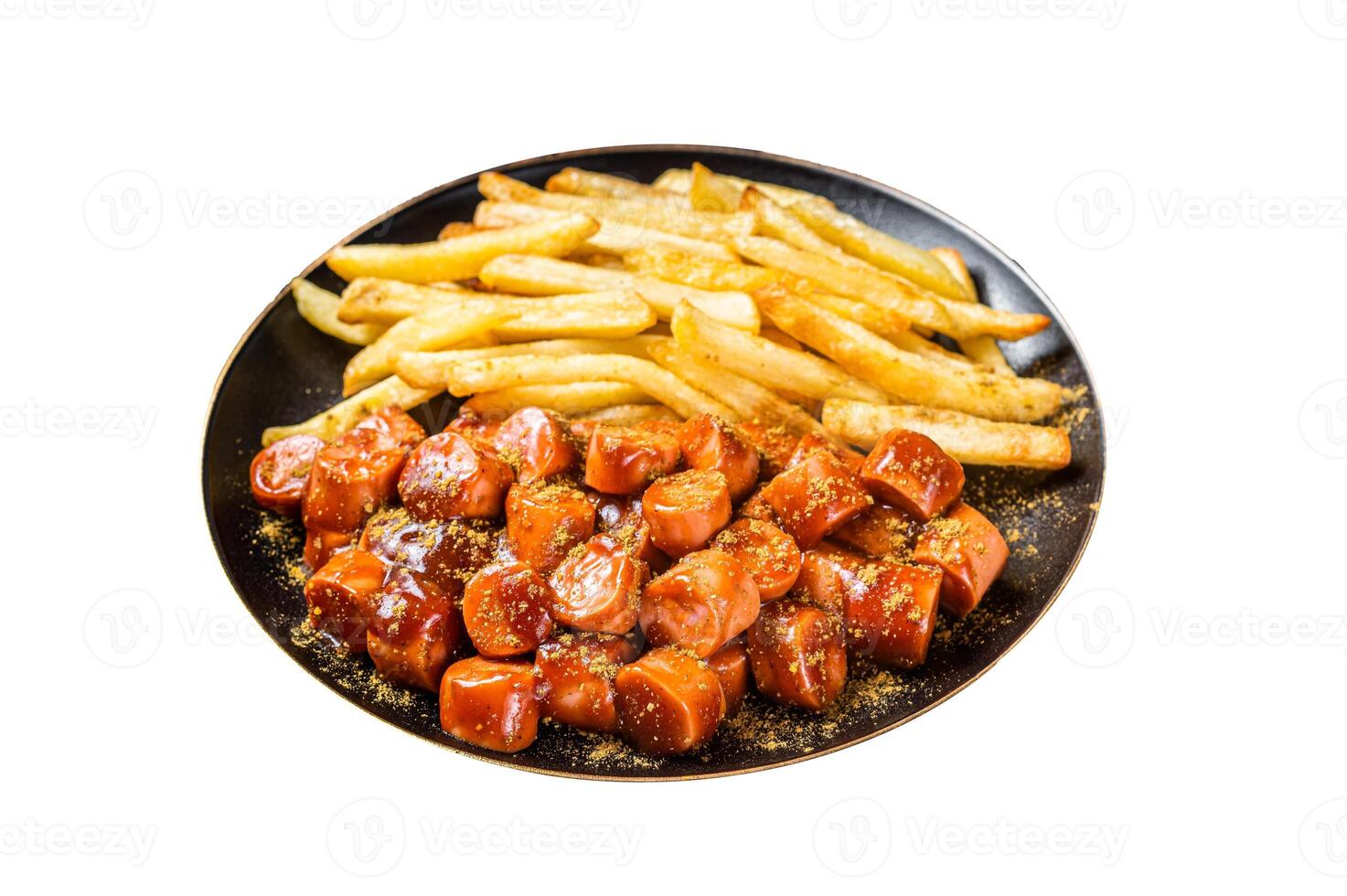 German currywurst meal, curry wurst with french fry served in a plate. Isolated on white background. Top view. photo