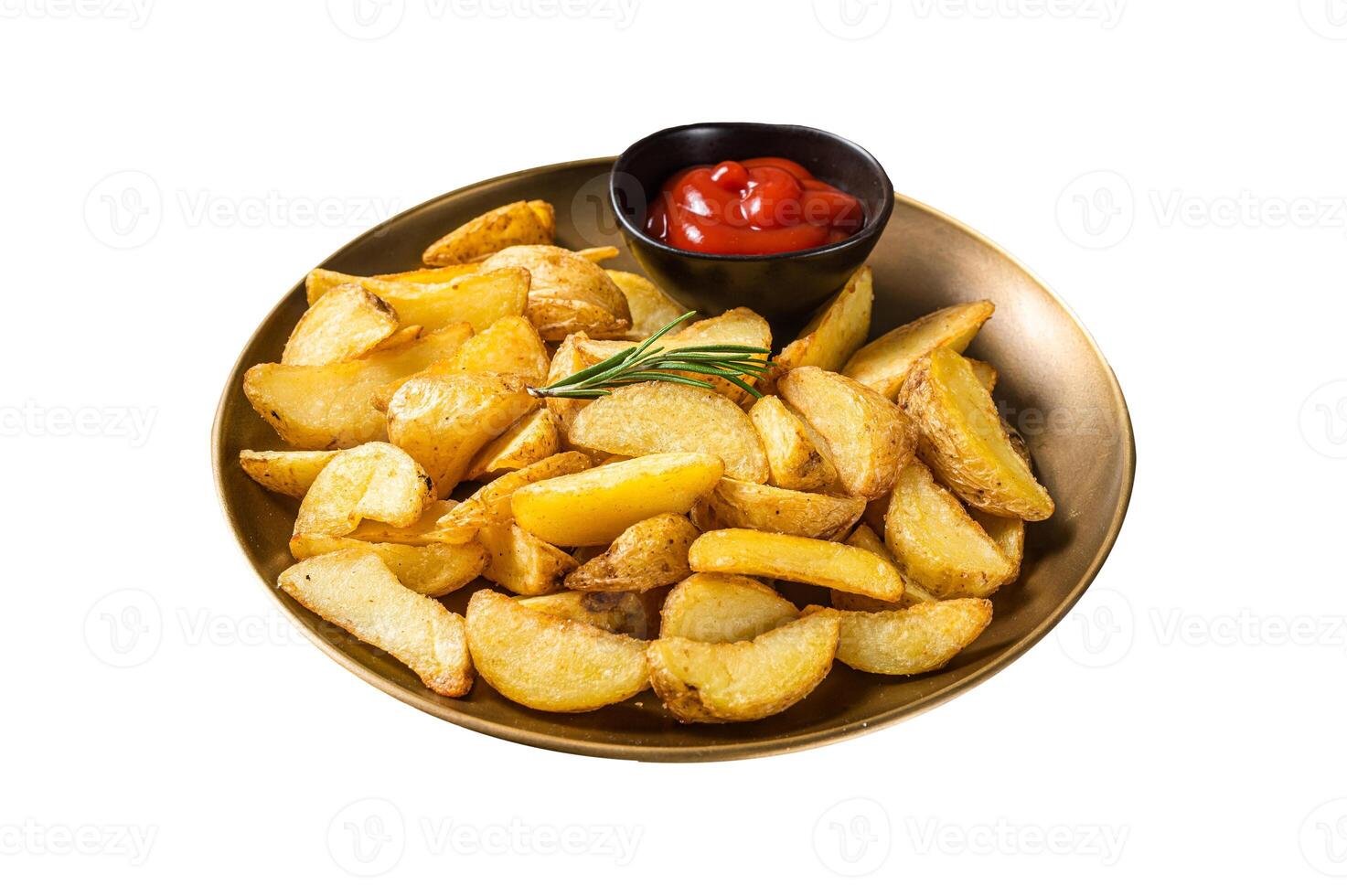 Seasoned potato wedges with rosemary and tomato sauce in a plate. Isolated on white background. Top view. photo