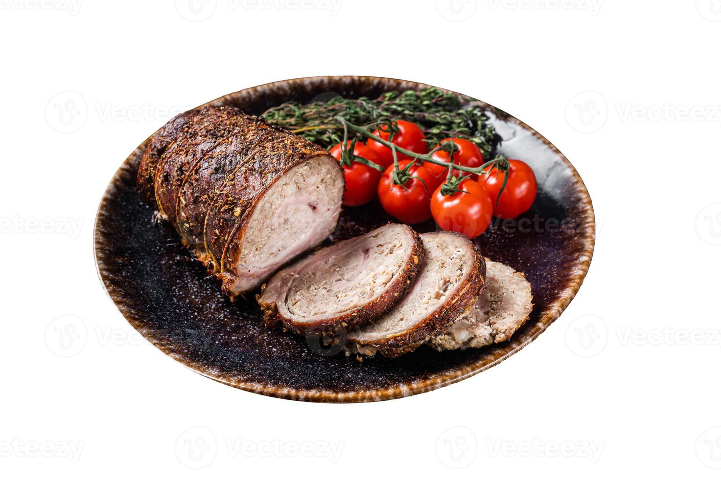 Sliced roast pork roulade - Porchetta on a plate with spices. Isolated on white background. Top view. photo