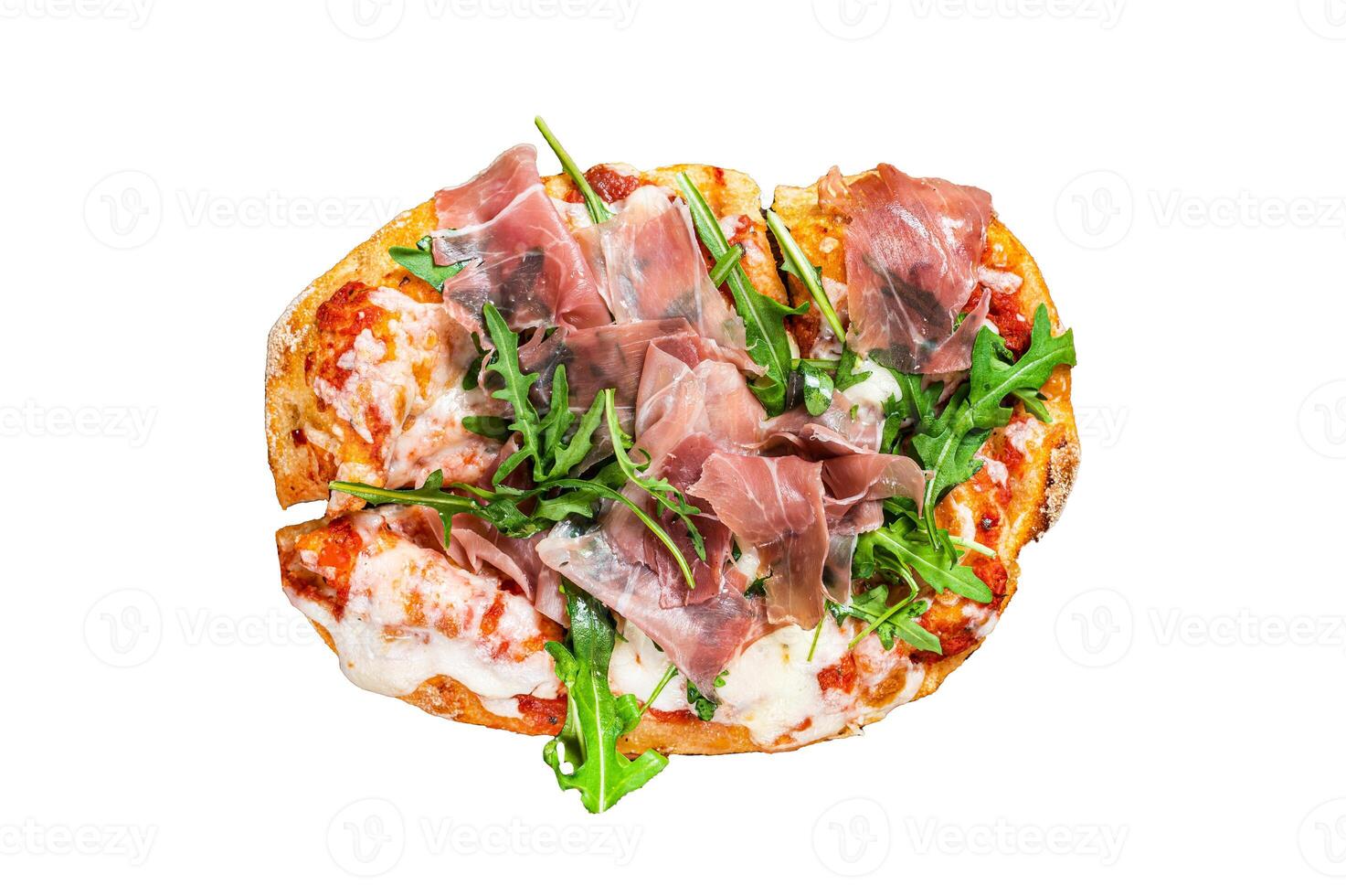 Sliced pizza with prosciutto parma ham, arugula and parmesan cheese Isolated on white background, top view. photo