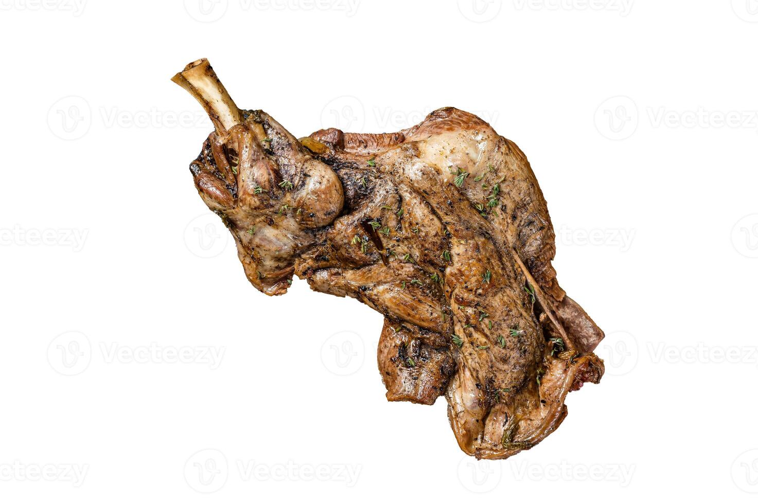 Barbecue Roasted lamb mutton shoulder meat with herbs and spices Isolated, white background. photo