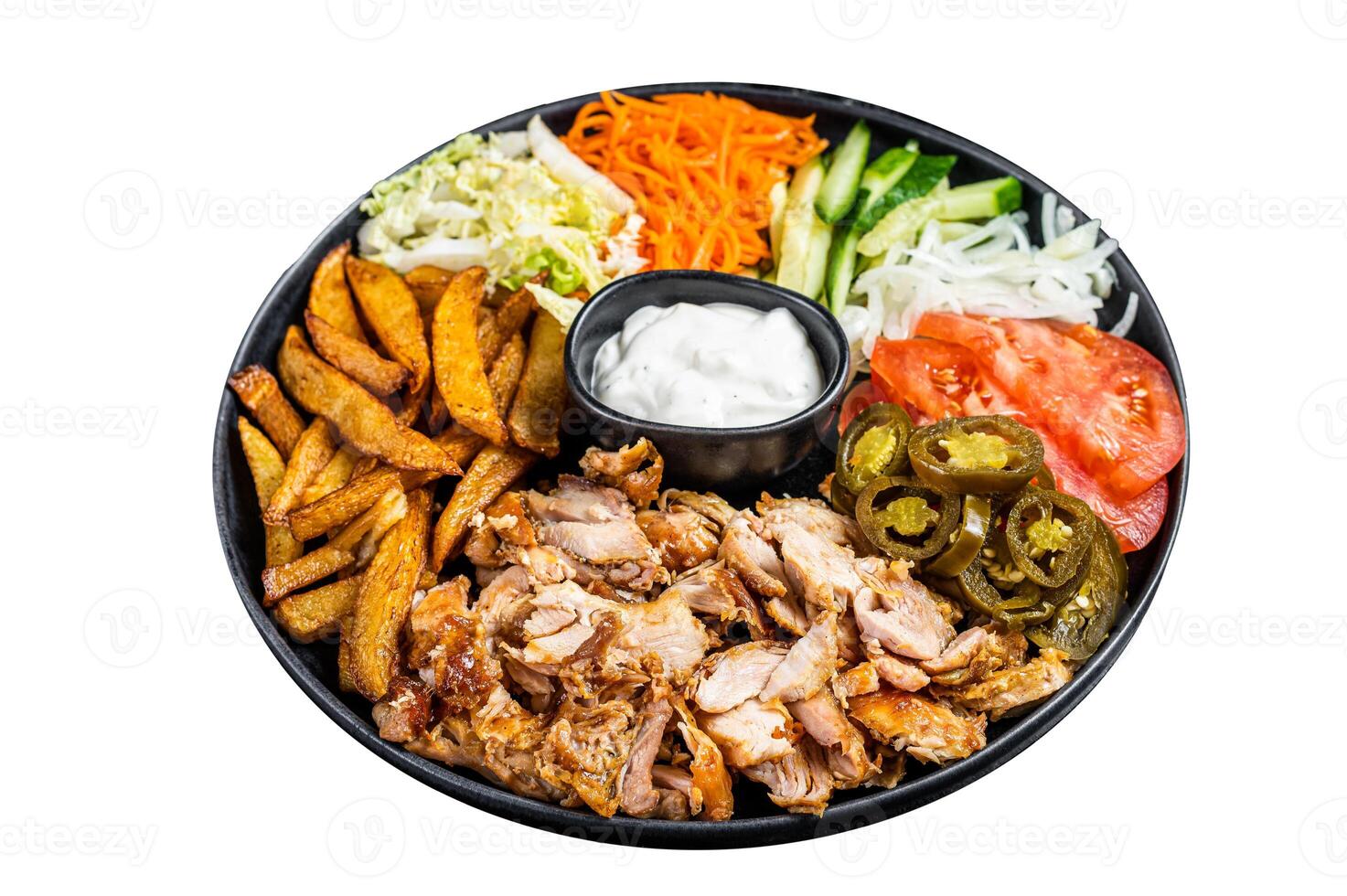 Shawarma Doner kebab on a plate with french fries and salad. Isolated on white background. photo