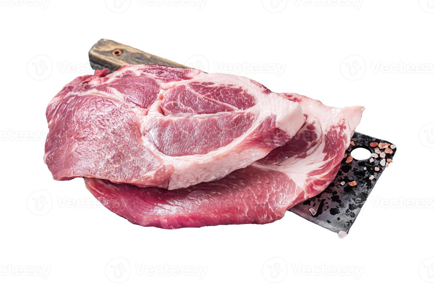 Fresh pork tender steaks from raw neck meat on butcher meat cleaver with salt and thyme. Isolated on white background. photo