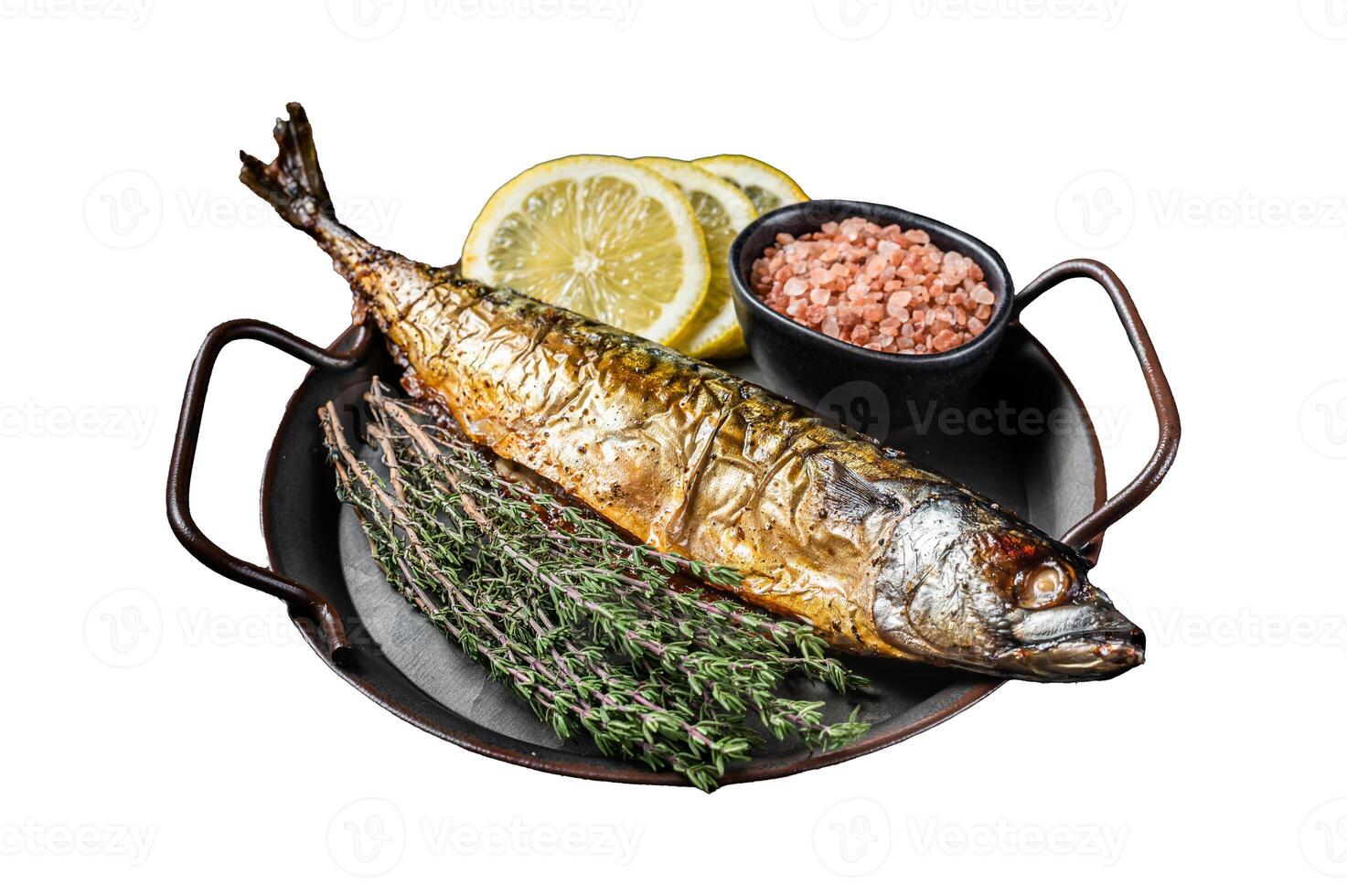 Baked Mackerel Scomber fish in steel tray with thyme and lemon. Isolated on white background. Top view. photo