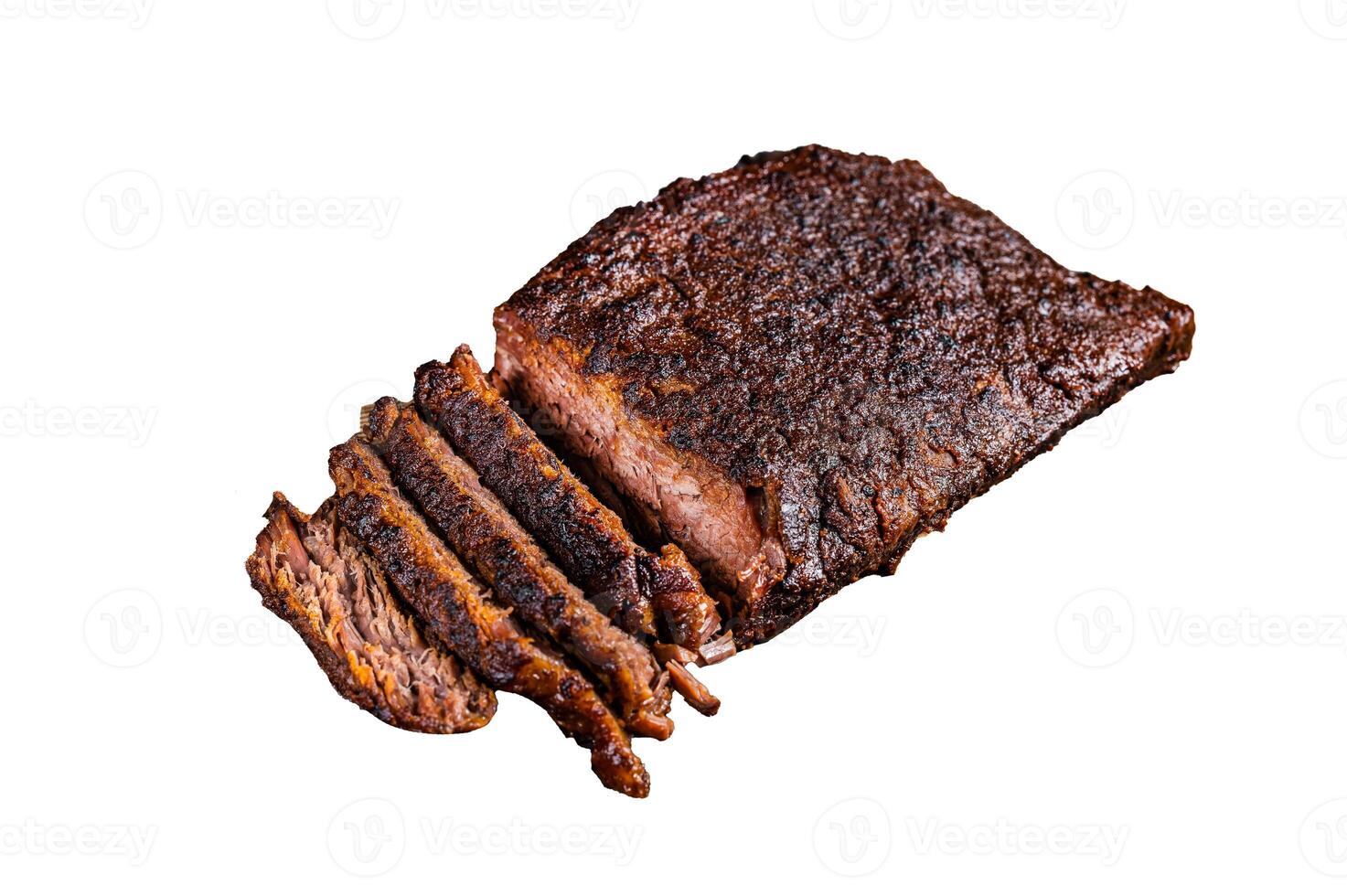 Smoked Barbecue Beef Brisket with Sauce on wooden board. Isolated, white background. photo