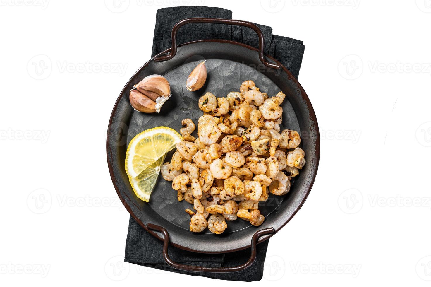 Grilled Shrimps prawns with garlic, olive oil and lemon in a tray. Isolated, white background. photo