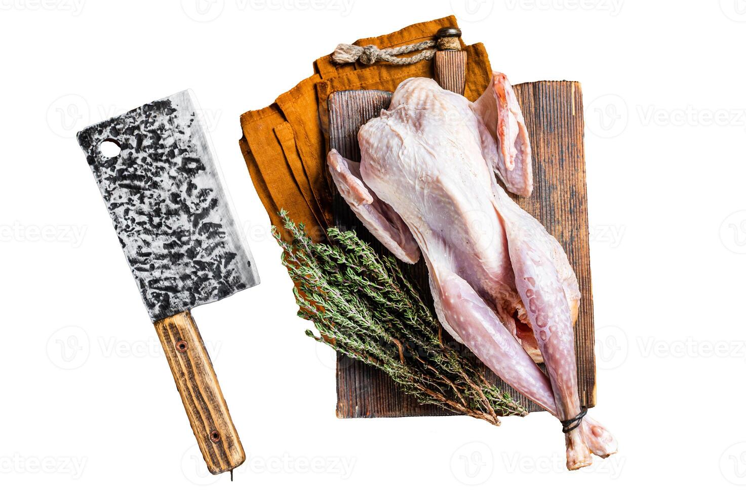 Farm Raw Guineafowl, guinea fowl with herbs ready for cooking. Isolated, white background. photo