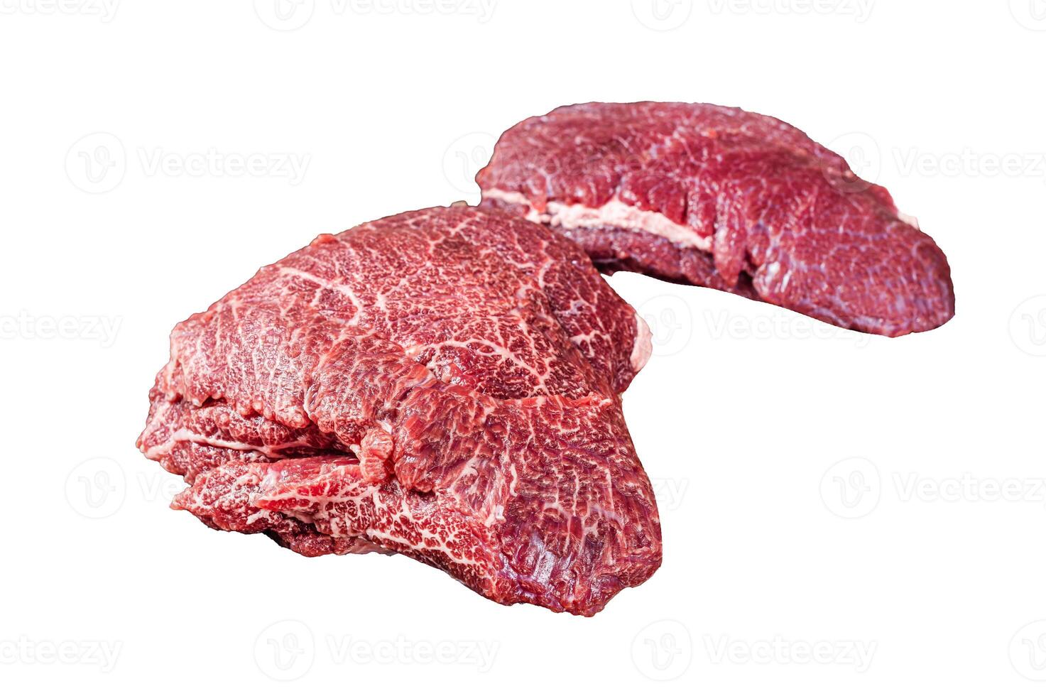 Raw Beef cheeks, fresh veal meat on butcher cleaver. Isolated, white background. photo