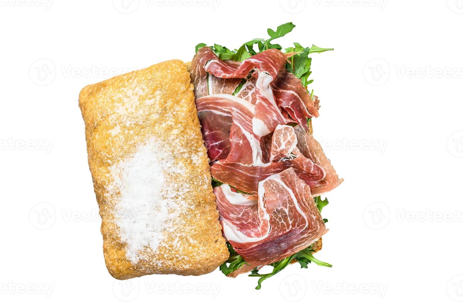 Prosciutto parma ham sandwich on ciabatta bread with arugula. Isolated on white background. photo