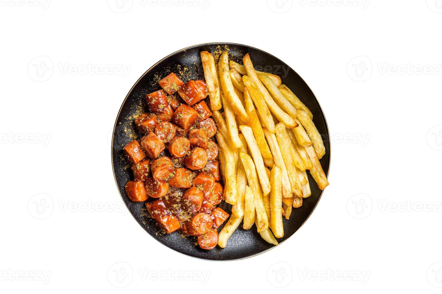 German currywurst meal, curry wurst with french fry served in a plate. Isolated on white background. photo