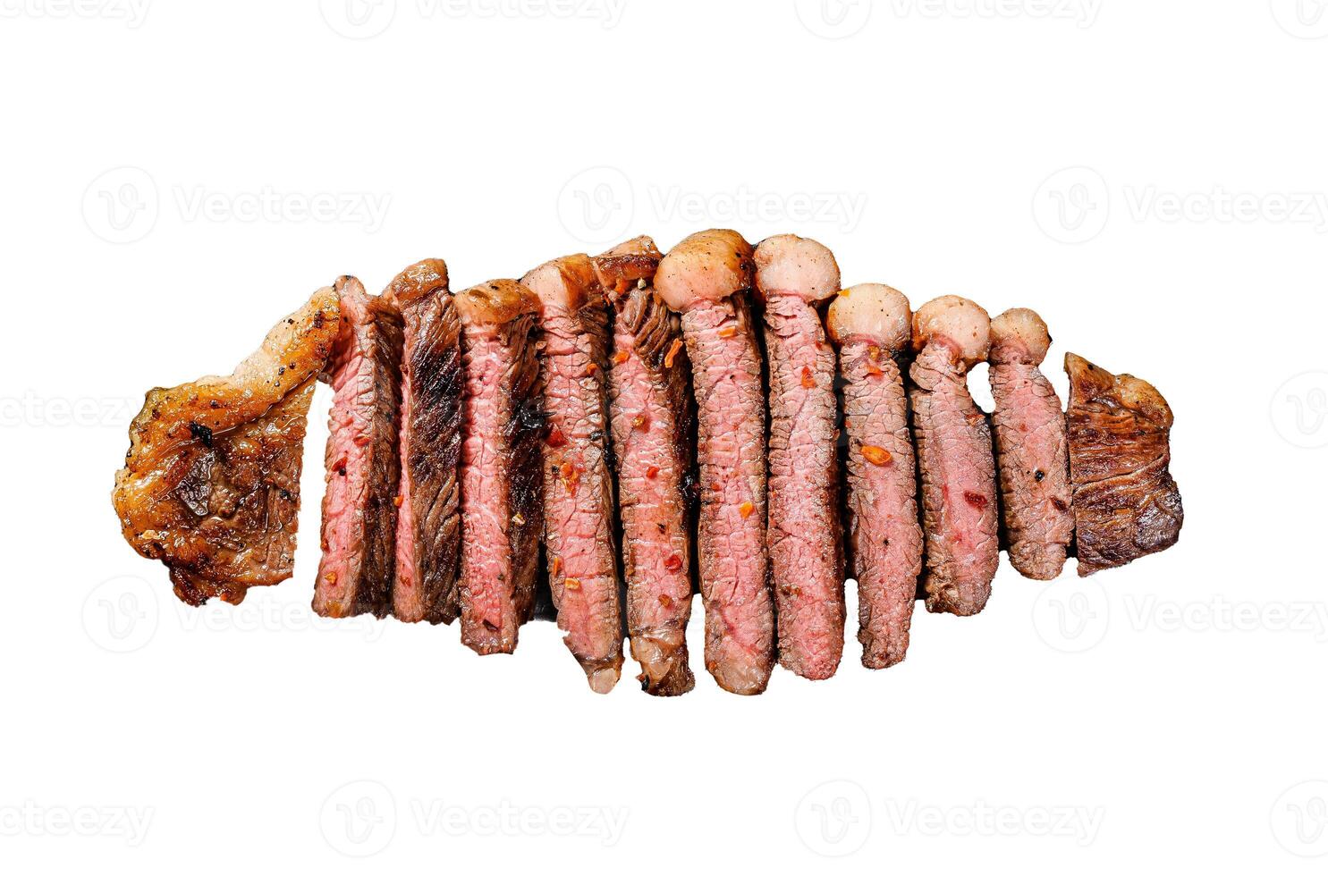 Grilled sliced marbled beef steak Isolated on white background. Top view. photo