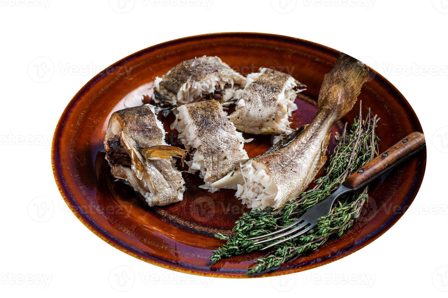 Baked cod white fish in a plate. High quality Isolate, white background. photo