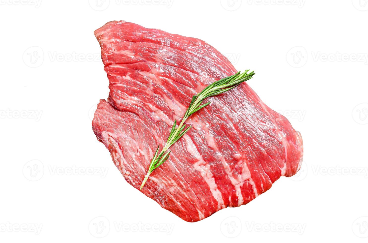 Raw Flat iron steak with rosemary and pink salt. Fresh Marble beef meat black Angus. Isolated on white background. Top view. photo
