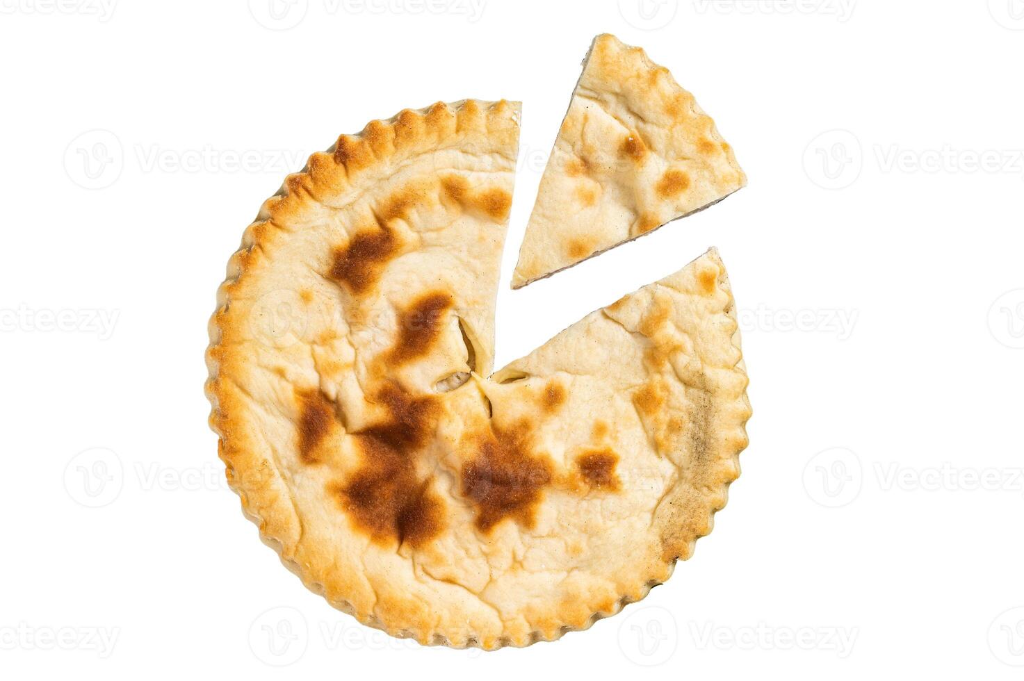 Sliced Kubdari, Tasty Georgian Flat Bread Stuffed with meat. Isolated on white background. photo