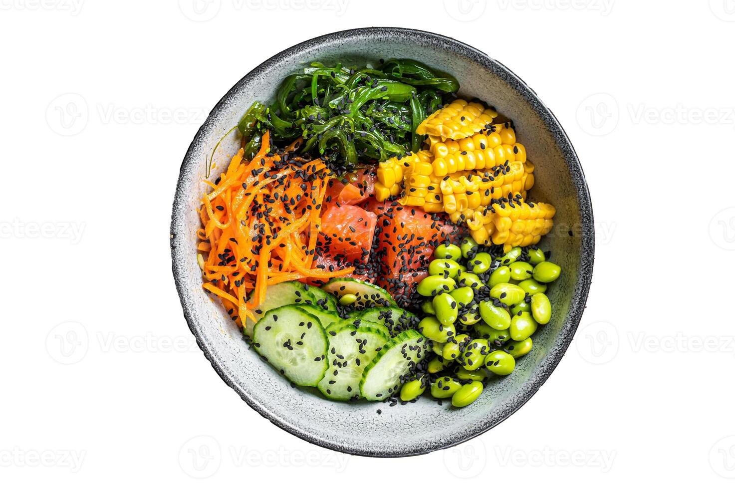 Poke bowl with fresh Salmon fish, rice, seaweed, edamame, cucumber and black sesame. Isolated on white background. photo