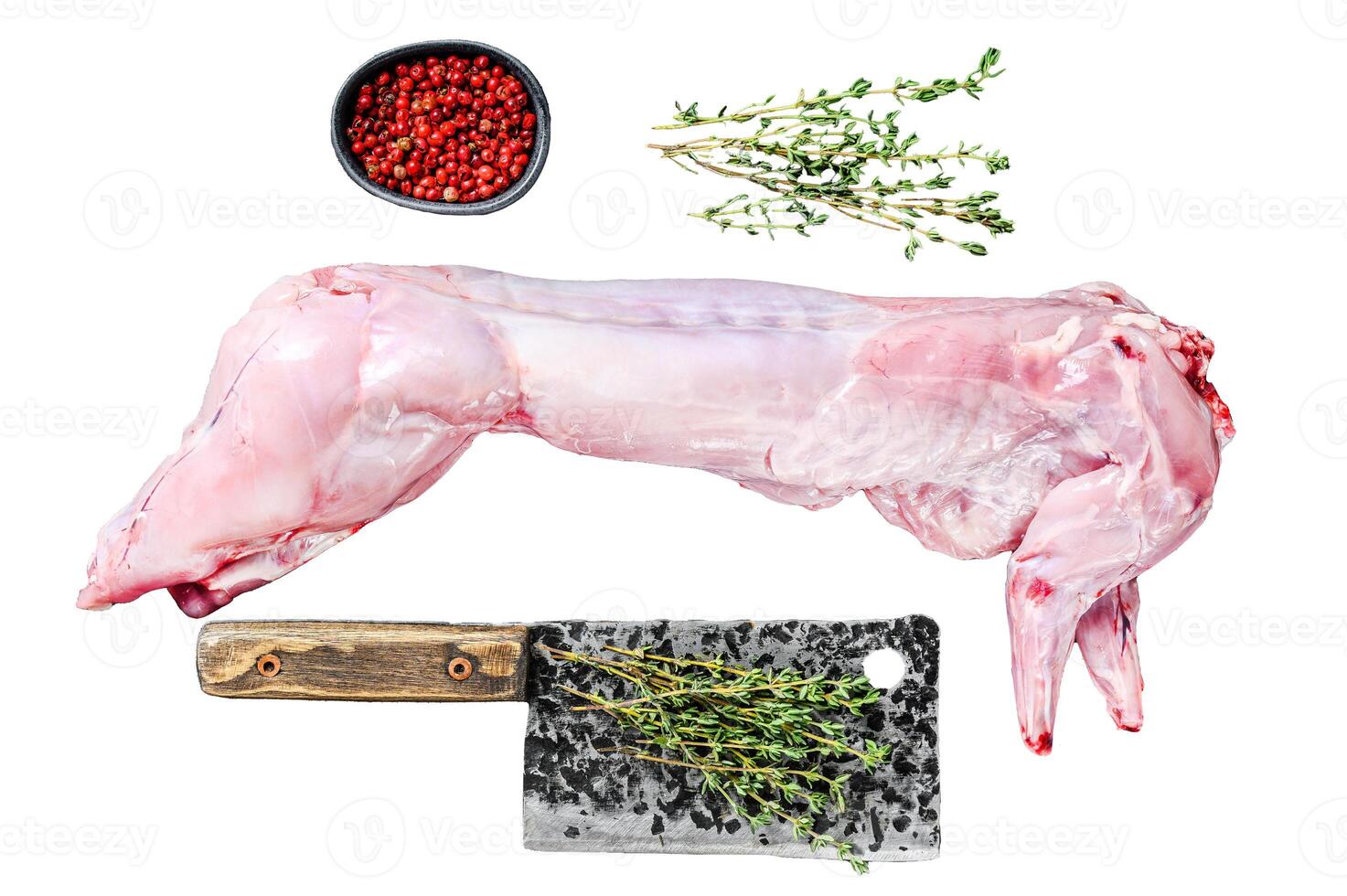 Raw hare meat with spices for cooking. Isolated on white background. Top view. photo