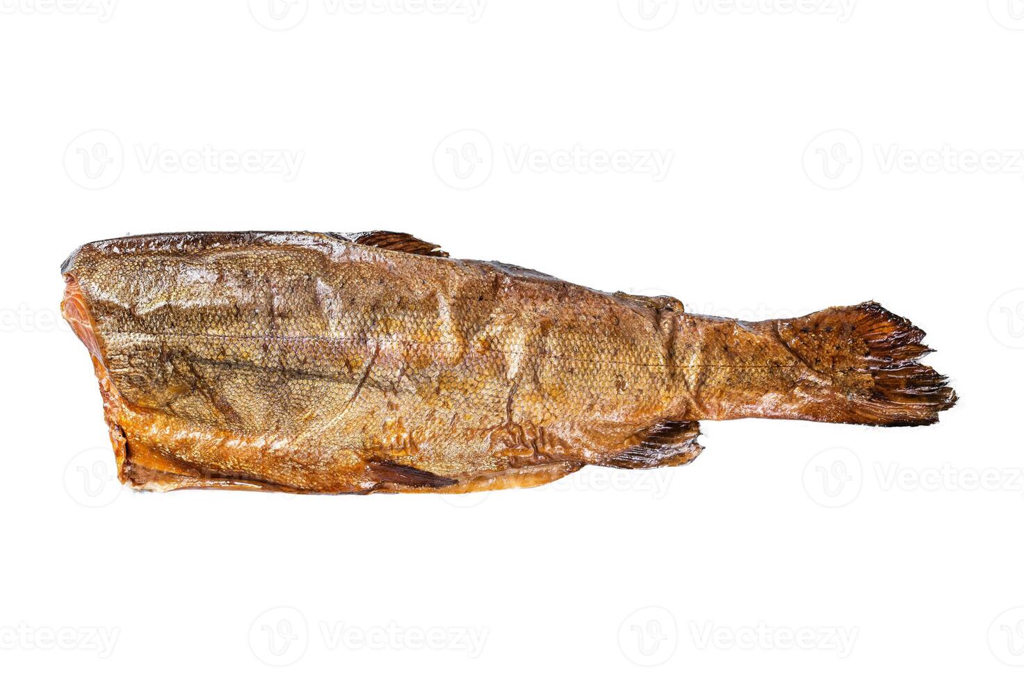 Hot smoked rainbow river trout headless. Isolated on white background, top view. photo