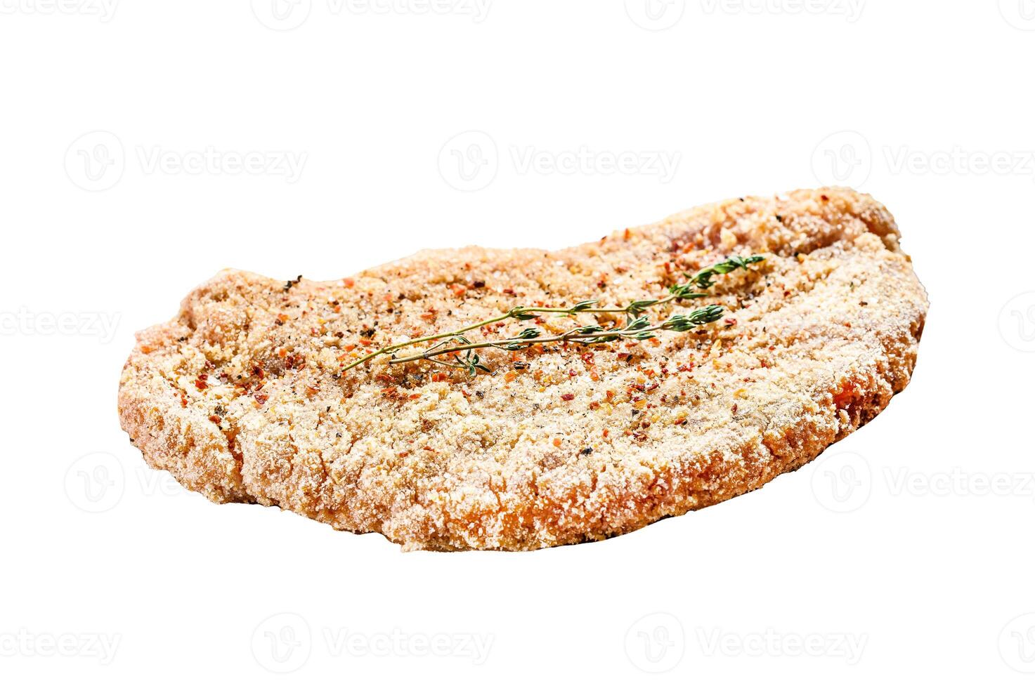 Homemade raw breaded German Weiner Schnitzel. Isolated on white background. Top view. photo