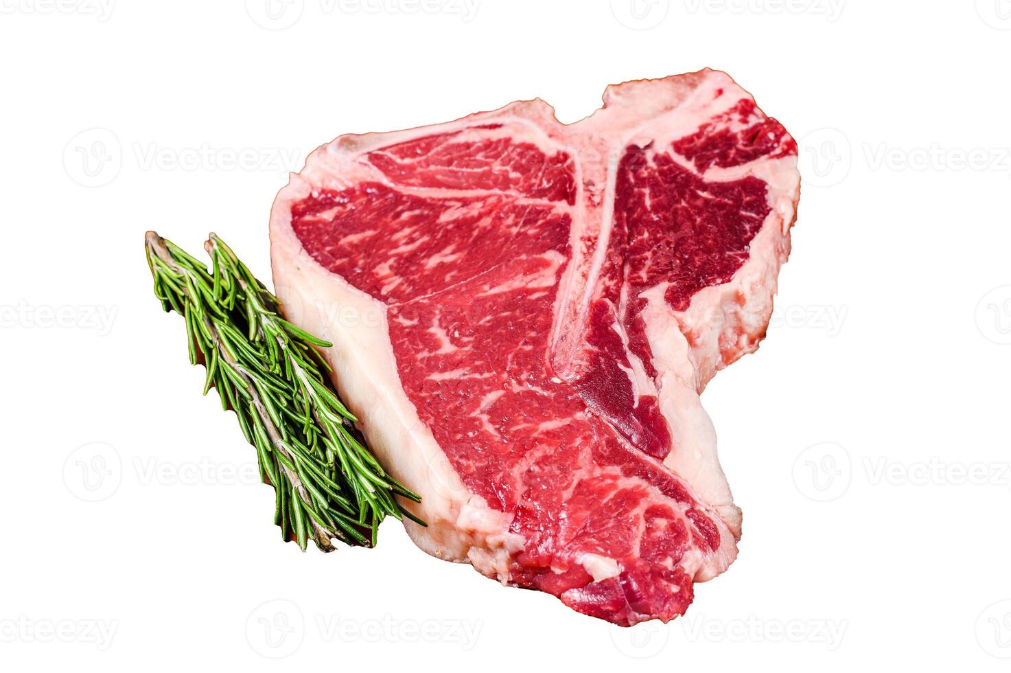 Raw porterhouse beef meat Steak with herbs Isolated on white background, top view. photo