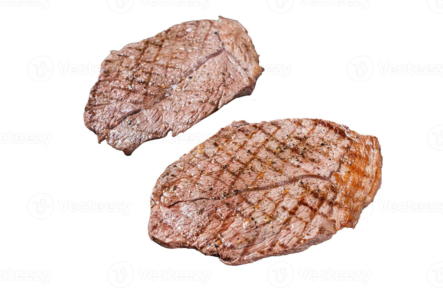 BBQ Grilled beef meat sirloin steaks on grill. Isolated on white background. photo