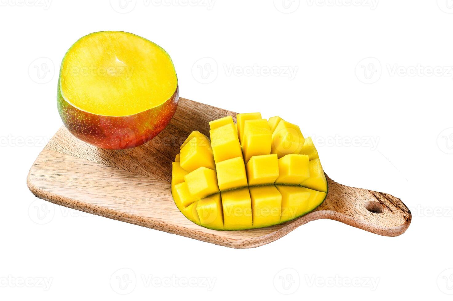 Ripe sliced mango fruit on a chopping Board. Isolated on white background. Top view. photo