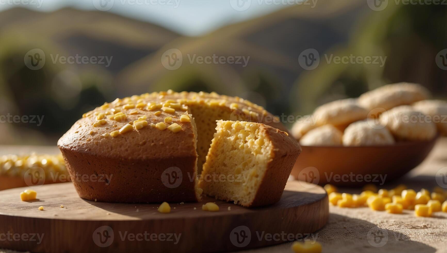 Broa, traditional portuguese corn bread, made with corn and wheat flour, and typical portuguese sweets in the background, european breakfast. photo