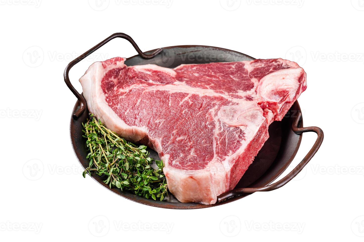 Fresh raw T-bone marbled beef meat Steak on a steel tray. Isolated on white background. photo