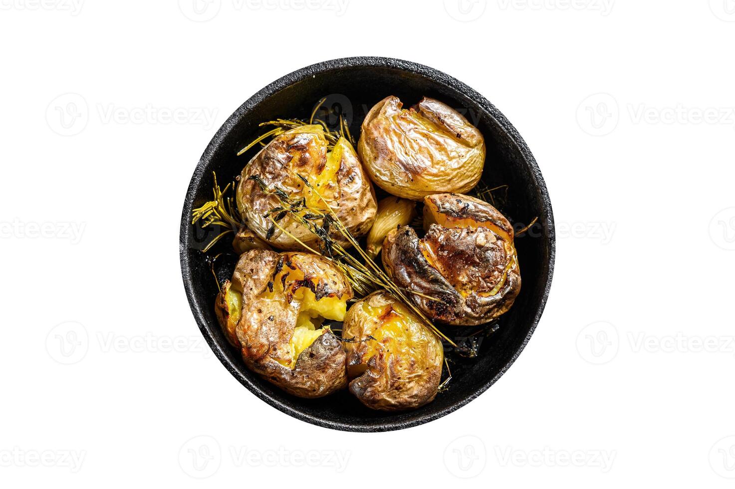 Rustic oven baked potatoes with rosemary. Organic vegetables. Isolate, white background. photo
