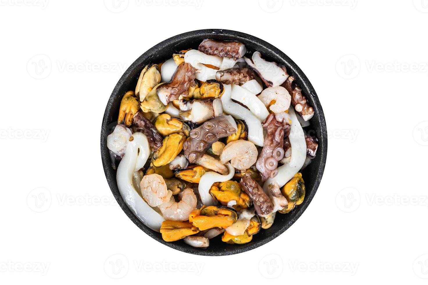 Raw seafood mix. Fresh mussels, clams, squid, octopus, shrimps and prawn. Isolated, white background. photo