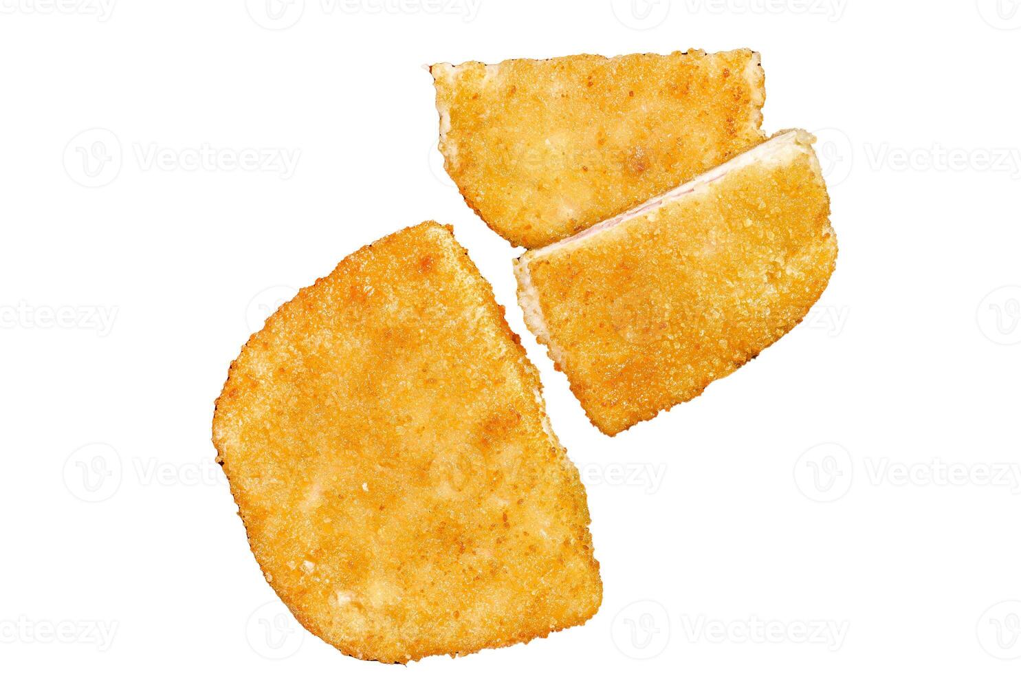 Chicken cordon bleu meat roll cutlet with ham and cheese. Isolated on white background, top view. photo