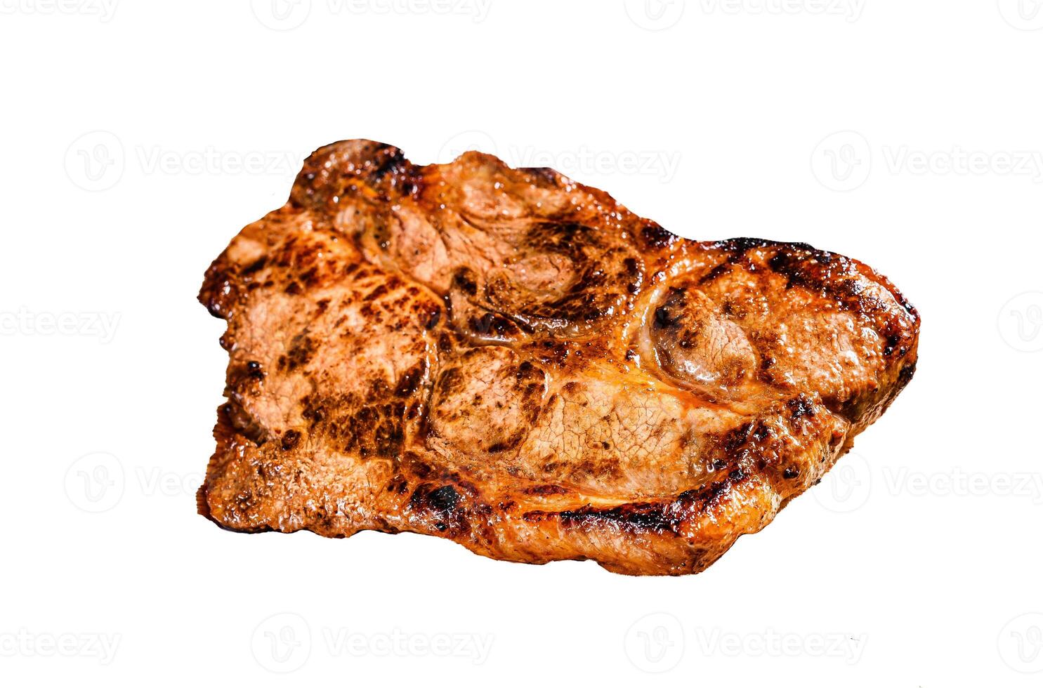 Roast pork steak Isolated on white background. Top view. photo