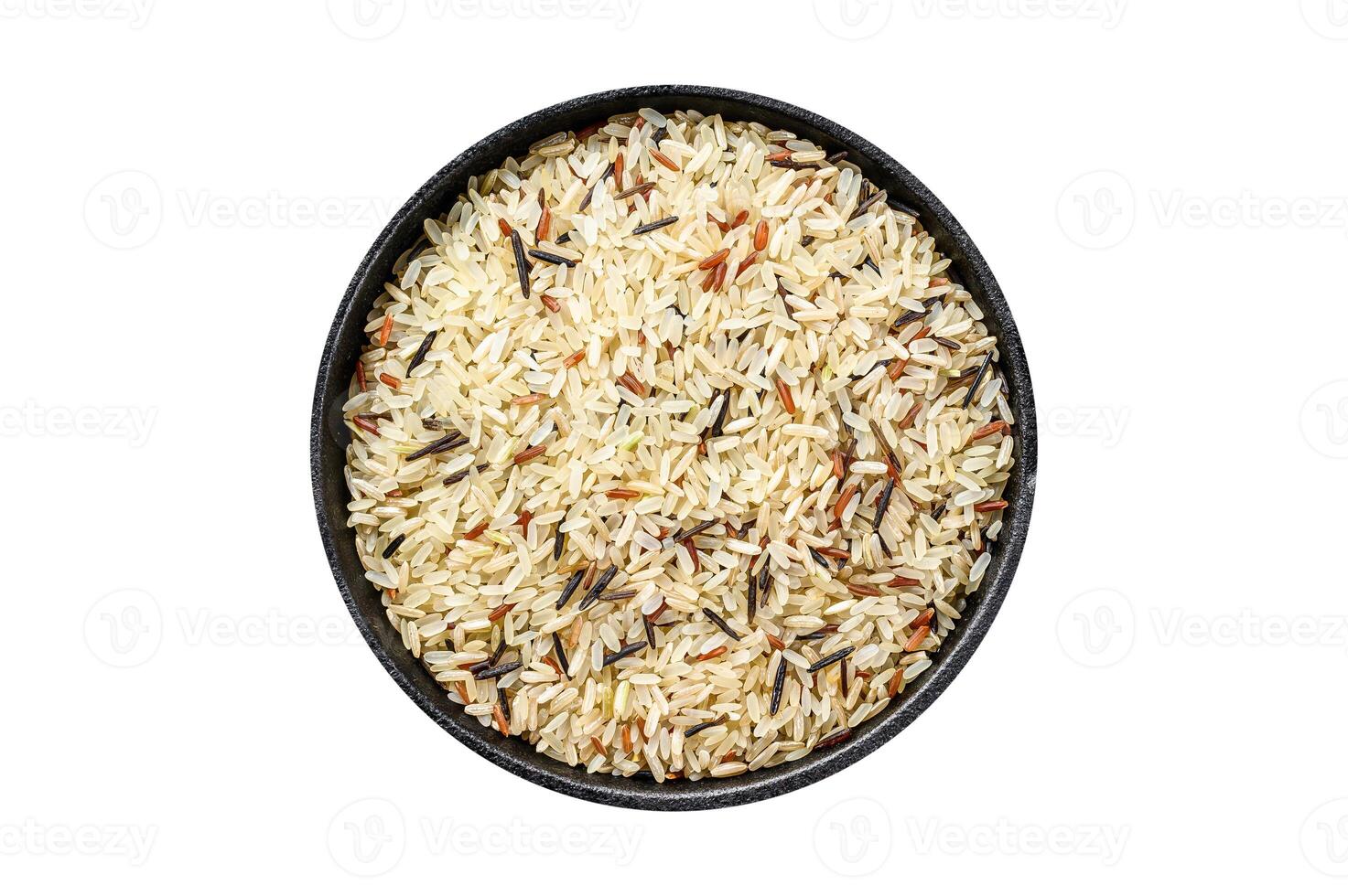 Jasmine, Brown, Red and Black rice. Mixed rice and Riceberry. Isolate, white background. photo