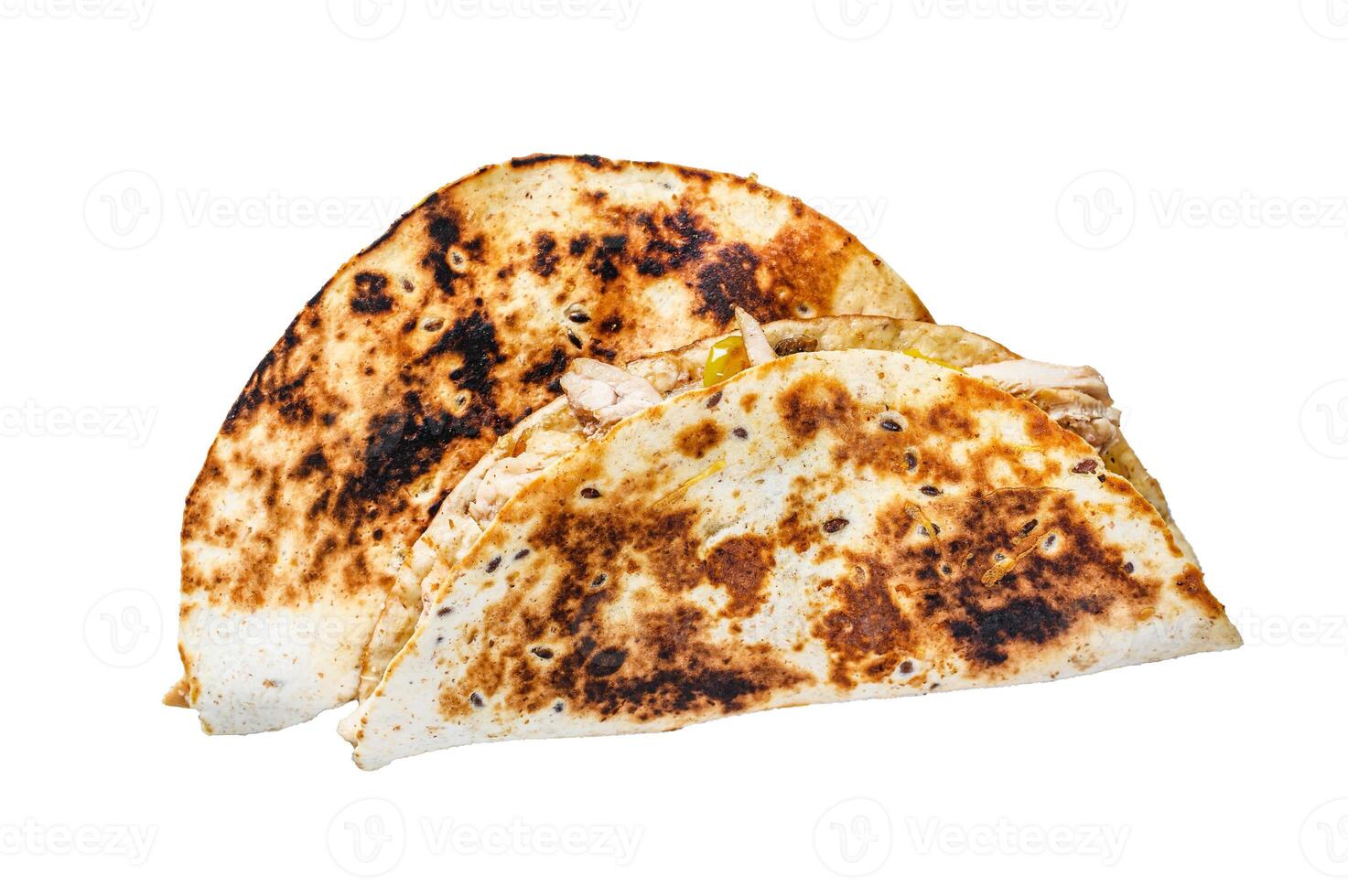 Cheesy Chicken roast Quesadilla. Isolated on white background, top view. photo
