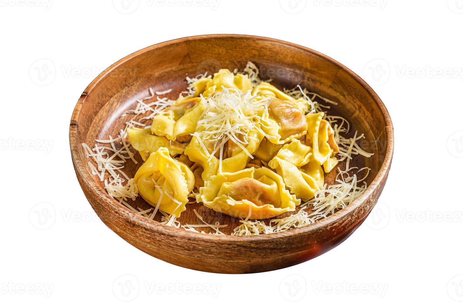 Italian ravioli Pasta with Mozzarella cheese and Tomato in wooden plate. Isolated on white background, top view. photo