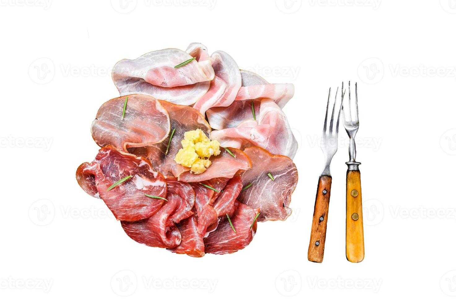 Italian Cold smoked and cured meat, cheese parmesan. Isolated on white background, Top view. photo
