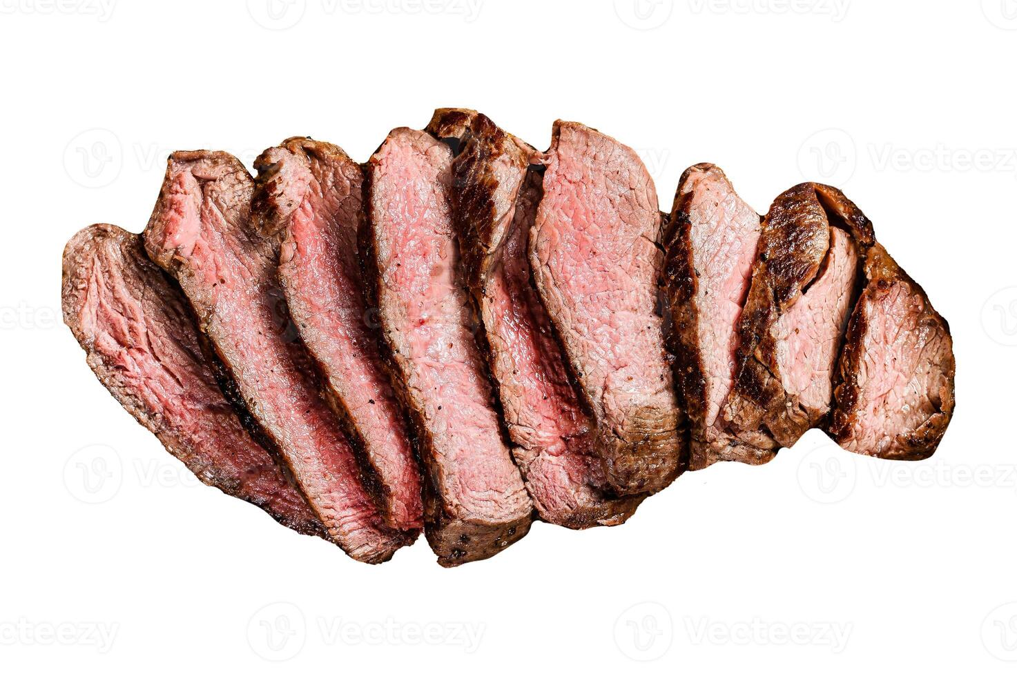 Sliced grilled filet Mignon steak Isolated on white background. Top view. photo