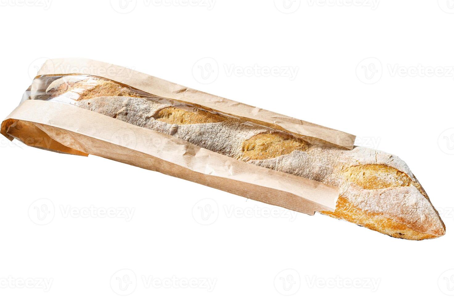 French baguette in a paper bag. Isolated on white background. Top view. photo