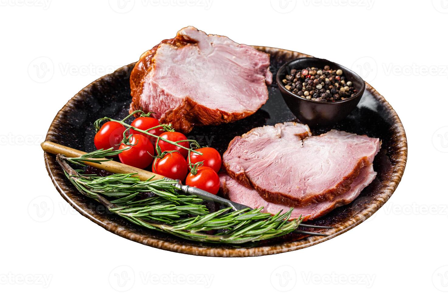 Smoked pork meat - gammon with herbs on rustic plate Isolated on white background, top view. photo