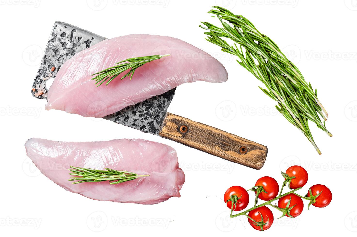 Butcher Raw Turkey steaks, Breasts fillet on a meat cleaver. Isolated on white background, top view. photo